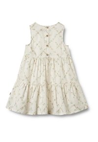 Robe en coton florale, base crème avec des motifs roses et verts, sans manches, jupe à volants, fermeture arrière à cinq boutons, texture douce.