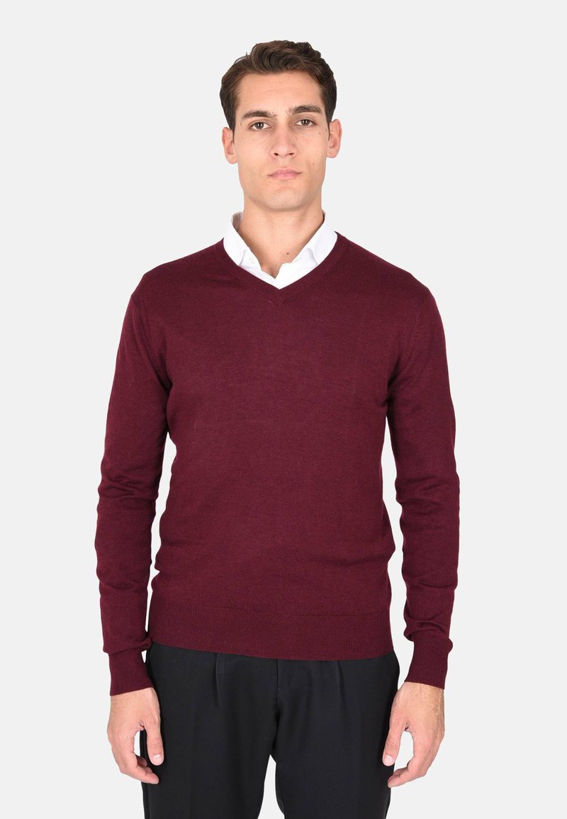 Maglione bordeaux a scollo a V in morbido materiale a maglia, con maniche lunghe e polsini e orlo a coste, indossato sopra una camicia bianca con colletto.