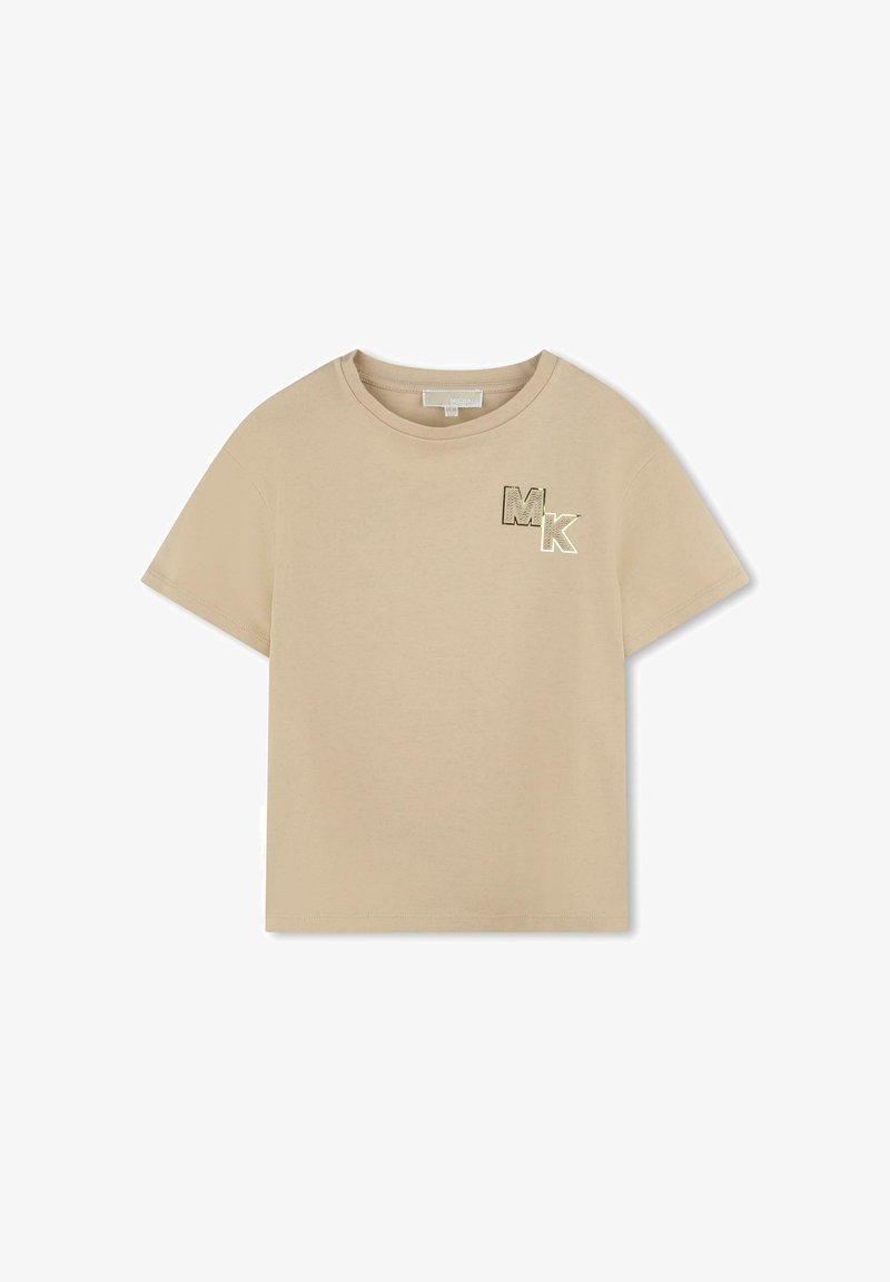 Beige katoenen T-shirt met korte mouwen, ronde hals en een 'MK'-logo in metallic goud op de voorkant, met een gestructureerd patroon.