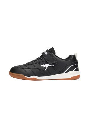 Black athletic shoe with white sole, kangaroo logo on side, velcro strap, and gum-colored outsole, shown from left side.