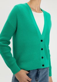 Osoba oblečená v tyrkysovém pleteném kardiganu s černými knoflíky přes bílou košili a modré denimové džíny, ruka v kapse, na bílém pozadí.