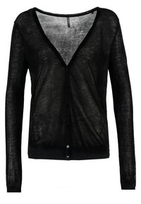 Svart långärmad cardigan i ett genomskinligt tyg med V-ringning, sex knappar fram och ribbad nederkant och ärmslut.