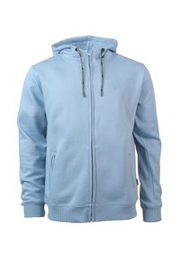 Sweat à capuche bleu clair zippé avec cordon de serrage à la capuche, poignets et ourlet côtelés, et poches latérales zippées.