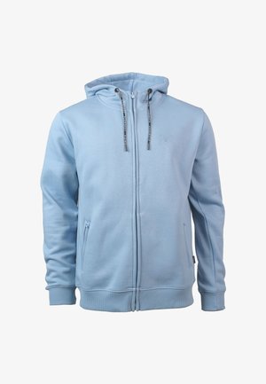 Svetlo modra jopa s kapuco in zadrgo, z vrvico na kapuci, rebrastimi manšetami in spodnjim robom ter žepki na straneh z zadrgo.