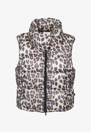 Chaleco puffer con estampado de leopardo, que presenta un alto cuello, cierre de cremallera y dos bolsillos laterales. Fabricado con tejido acolchado brillante y diseño acolchado.