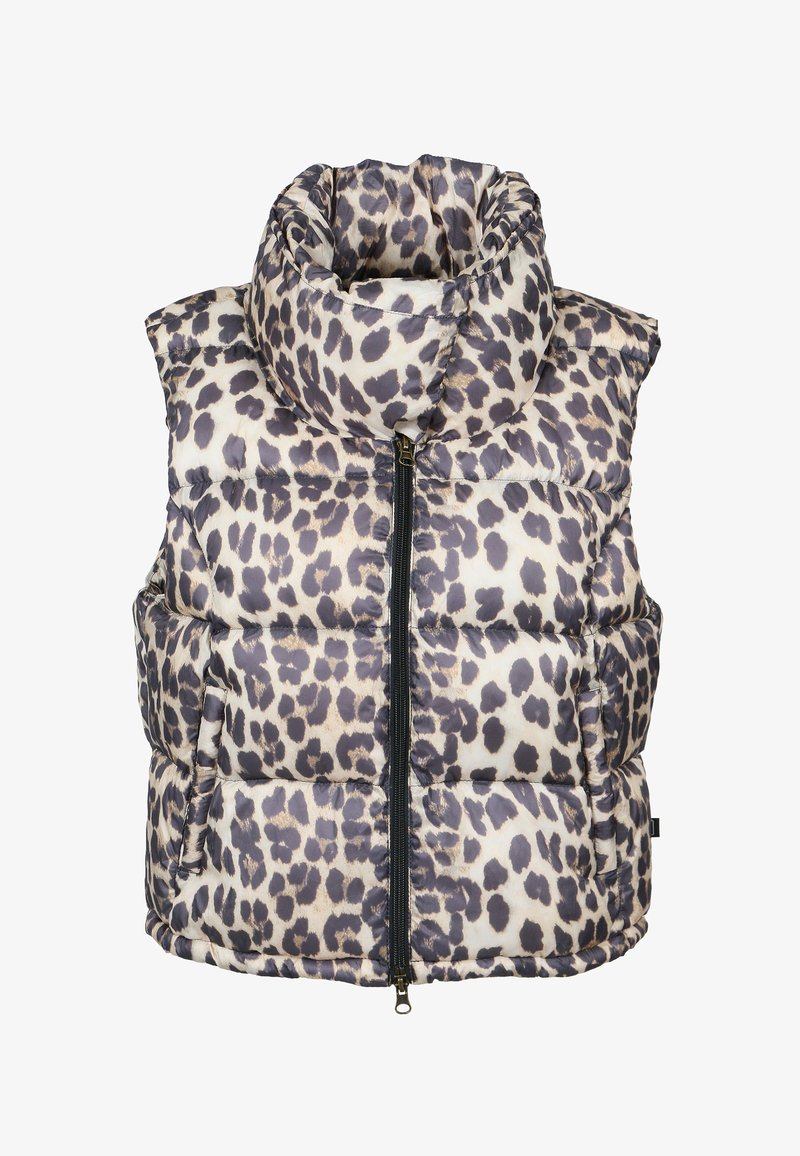 Gilet imbottito con stampa leopardata, caratterizzato da un alto colletto, chiusura con zip e due tasche laterali. Realizzato in tessuto lucido e imbottito con un design trapuntato.