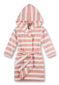 Rosé badjas met roze en witte strepen, gemaakt van zachte stof. Heeft een strikceintuur en voorzakken met lange mouwen.