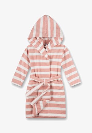 Rosé badjas met roze en witte strepen, gemaakt van zachte stof. Heeft een strikceintuur en voorzakken met lange mouwen.