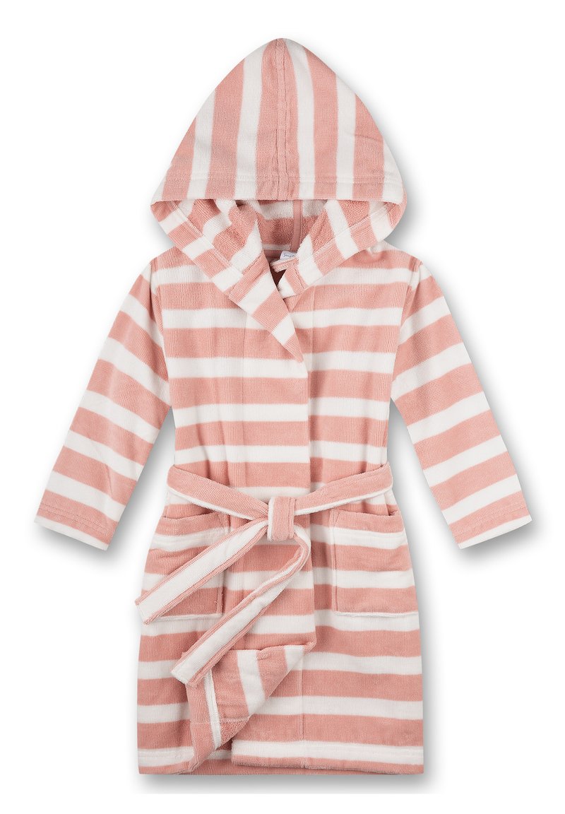 Rosé badjas met roze en witte strepen, gemaakt van zachte stof. Heeft een strikceintuur en voorzakken met lange mouwen.
