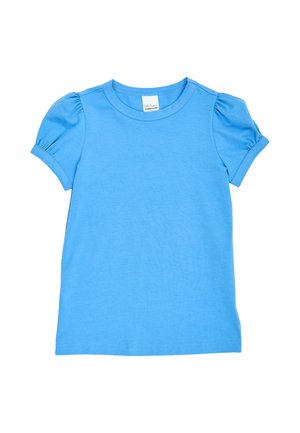 Sky blue short-sleeve t-shirt with puffed sleeves and crew neck, laid flat on a white background.