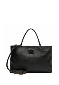 Borsa a tracolla nera con texture, dal design strutturato, manici doppi, tracolla staccabile e una piccola placca con logo sulla parte anteriore.