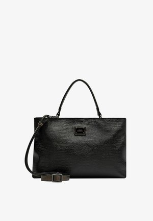 Bolso de mano negro texturizado con un diseño estructurado, dos asas, correa desmontable y una pequeña placa con el logo en la parte frontal.