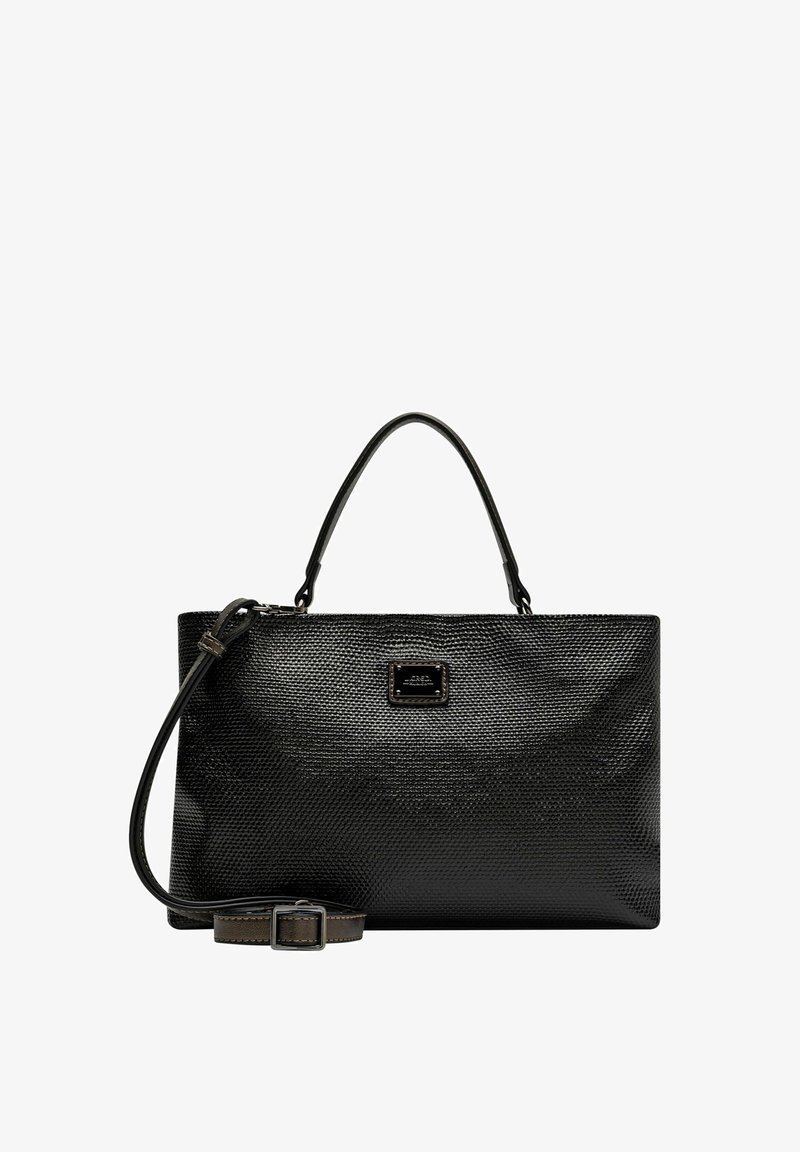 Schwarze, texturierte Handtasche mit einem strukturierten Design, doppelten Griffen, abnehmbarem Riemen und einem kleinen Logo-Schild auf der Vorderseite.