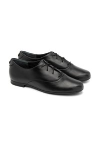 Scarpe in pelle nera con profilo basso, punta arrotondata e lacci decorativi. Tessuto liscio con un design minimale e dettagli di cucitura sottili.