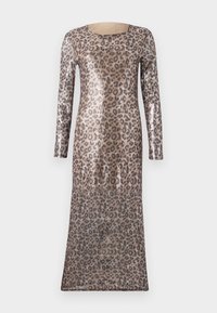 Leopardmønstret paljettkjole med lange ermer, firkantet halslinje og tettsittende silhuett, med en glitrende tekstur og transparente paneler.