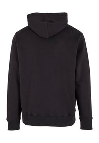 Hanorac negru cu un design pulover, glugă spațioasă, manșete ribbate și o textură netedă dintr-un amestec de bumbac. Fără modele vizibile.