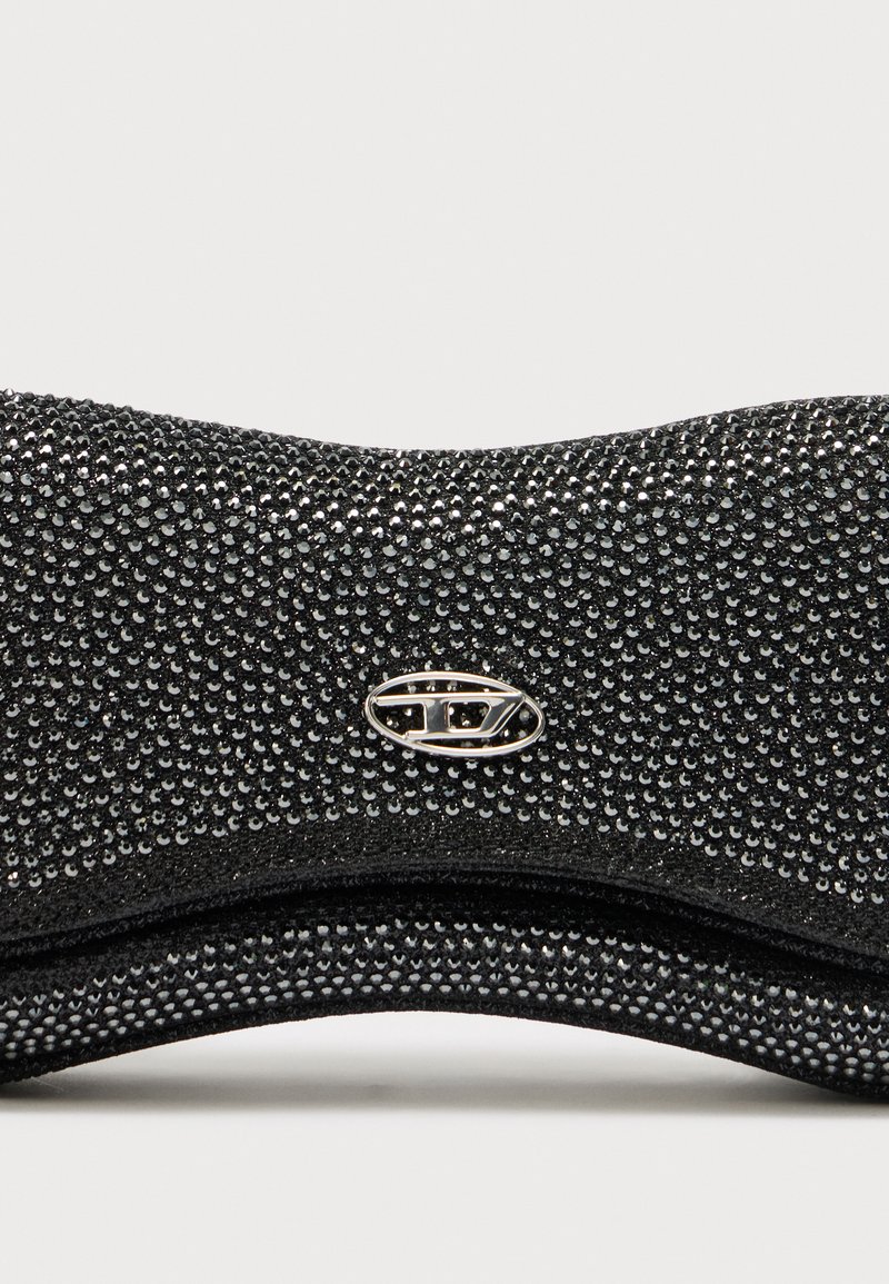 Black clutch bag with a textured surface covered in small, shiny rhinestones. Features a silver logo plaque and a rounded design.