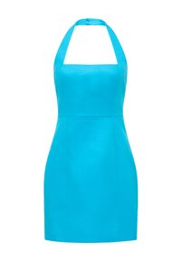 O rochie halter ajustată, într-o nuanță strălucitoare de turquoise, fabricată dintr-un material neted. Are un spate deschis și un bretele la gât cu închidere cu nasture.