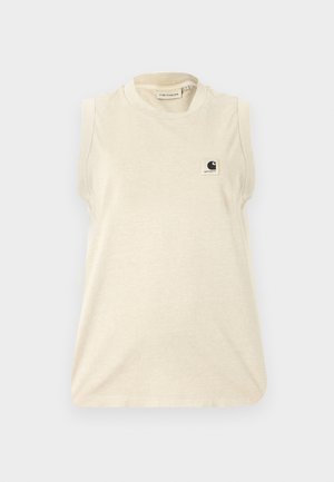 Top Carhartt senza maniche beige con scollo rotondo e piccola toppa con logo sul petto a sinistra, mostrato su sfondo bianco.