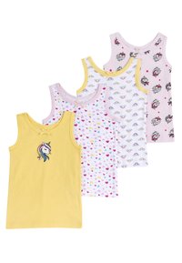 Set van vijf kindertanktops van katoen, met een gele top met een unicorn-geborduurde afbeelding, pastelkleurige hartpatronen en verschillende speelse ontwerpen.