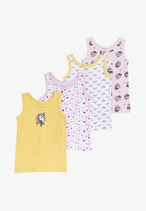 Set van vijf kindertanktops van katoen, met een gele top met een unicorn-geborduurde afbeelding, pastelkleurige hartpatronen en verschillende speelse ontwerpen.