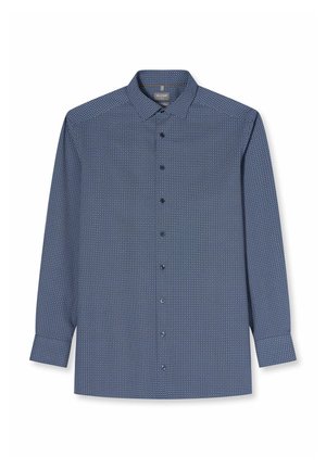 Heren overhemd met lange mouwen, knopen aan de voorkant, voorzien van een klein marineblauw-wit geometrisch patroon en een klassieke kraag.