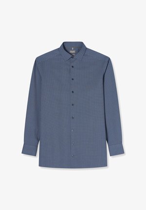 Herren-Langarmhemd mit Knopfleiste, kleinem marineblau-weißem geometrischem Muster und klassischem Kragen.