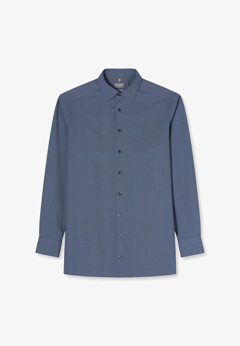 Herren-Langarmhemd mit Knopfleiste, kleinem marineblau-weißem geometrischem Muster und klassischem Kragen.
