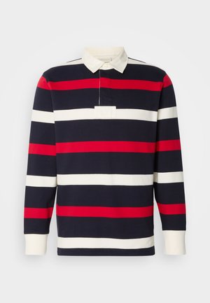 Long-sleeve polo shirt with navy, red, and white horizontal stripes. Features a white collar and a button-down flap, made of textured cotton.