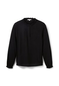 Blusa nera a maniche lunghe con scollatura rotonda a volant, chiusura frontale con bottoni e polsini arricciati. Realizzata in un tessuto morbido.