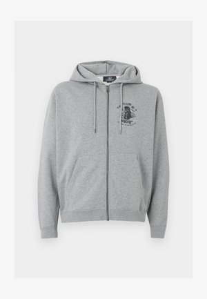 Helehall zip-kaelusega hupsooja, millel on nöörid, ees taskud ja väike must graafiline kujundus vasaku rinna ülaosas.