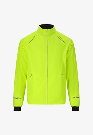 Neon-gelbe Jacke mit hohem Kragen, schwarzen Akzenten und reflektierenden Details. Verfügt über Reißverschlusstaschen und elastische Bündchen für eine sichere Passform.