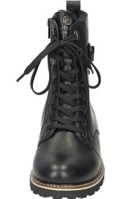 Schwarzer Leder Schnürstiefel mit strukturierten Oberflächen, Gummisohle und Nähdetails. Verfügt über einen gepolsterten Kragen und einen Reißverschlussakzent.