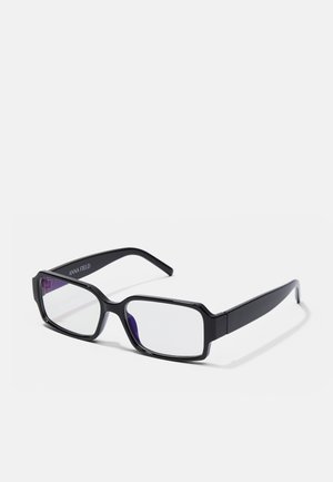 Lunettes noires rectangulaires avec des verres transparents. Elles présentent une teinte violette distinctive sur les bords intérieurs et une finition en plastique lisse.