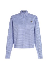 Blå og hvit rutete langermet skjorte med spiss krage, med et logo-patch på venstre bryst og knapper foran.