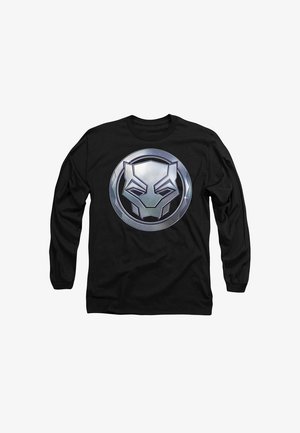 Schwarzes Langarmshirt mit einem silbernen Grafikdesign eines stilisierten Pantherkopfes innerhalb eines kreisförmigen Emblems auf der Vorderseite.