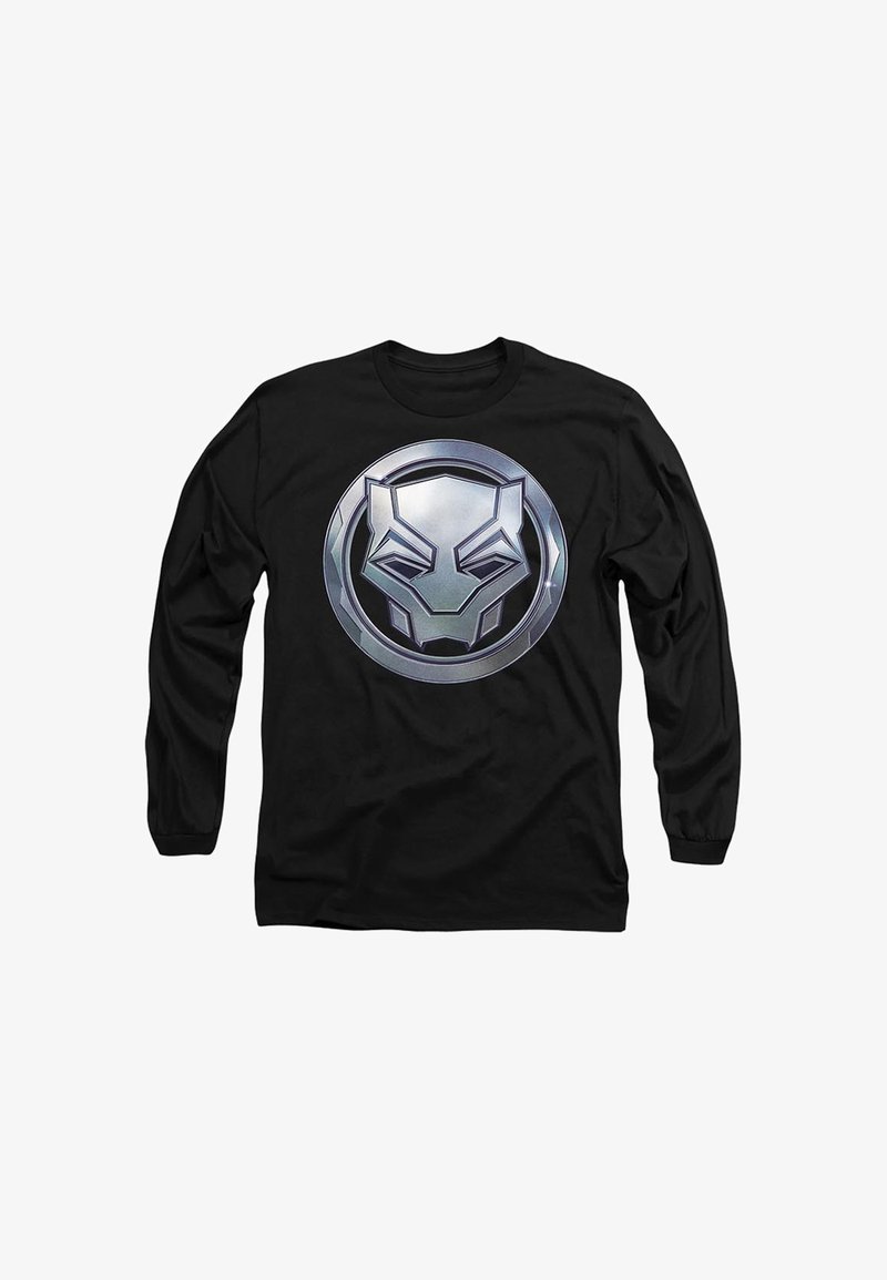 Schwarzes Langarmshirt mit einem silbernen Grafikdesign eines stilisierten Pantherkopfes innerhalb eines kreisförmigen Emblems auf der Vorderseite.