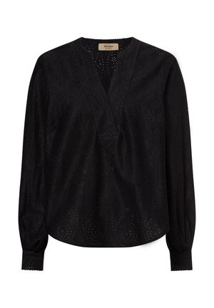 Schwarze Bluse mit V-Ausschnitt und langen Ärmeln. Der Stoff weist aufwendige Paisleymuster mit Ausschnittdetails auf. Texturierte Oberfläche.