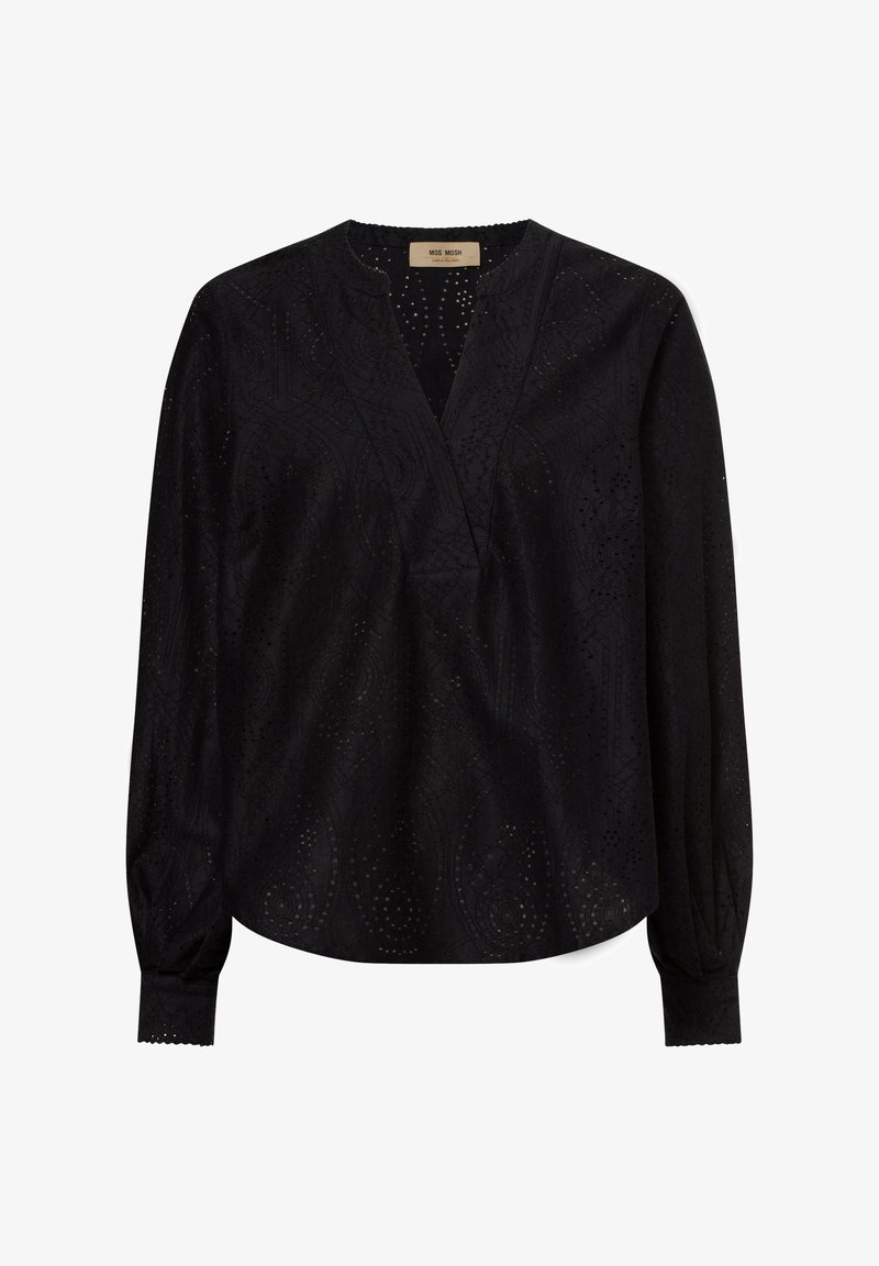 Schwarze Bluse mit V-Ausschnitt und langen Ärmeln. Der Stoff weist aufwendige Paisleymuster mit Ausschnittdetails auf. Texturierte Oberfläche.