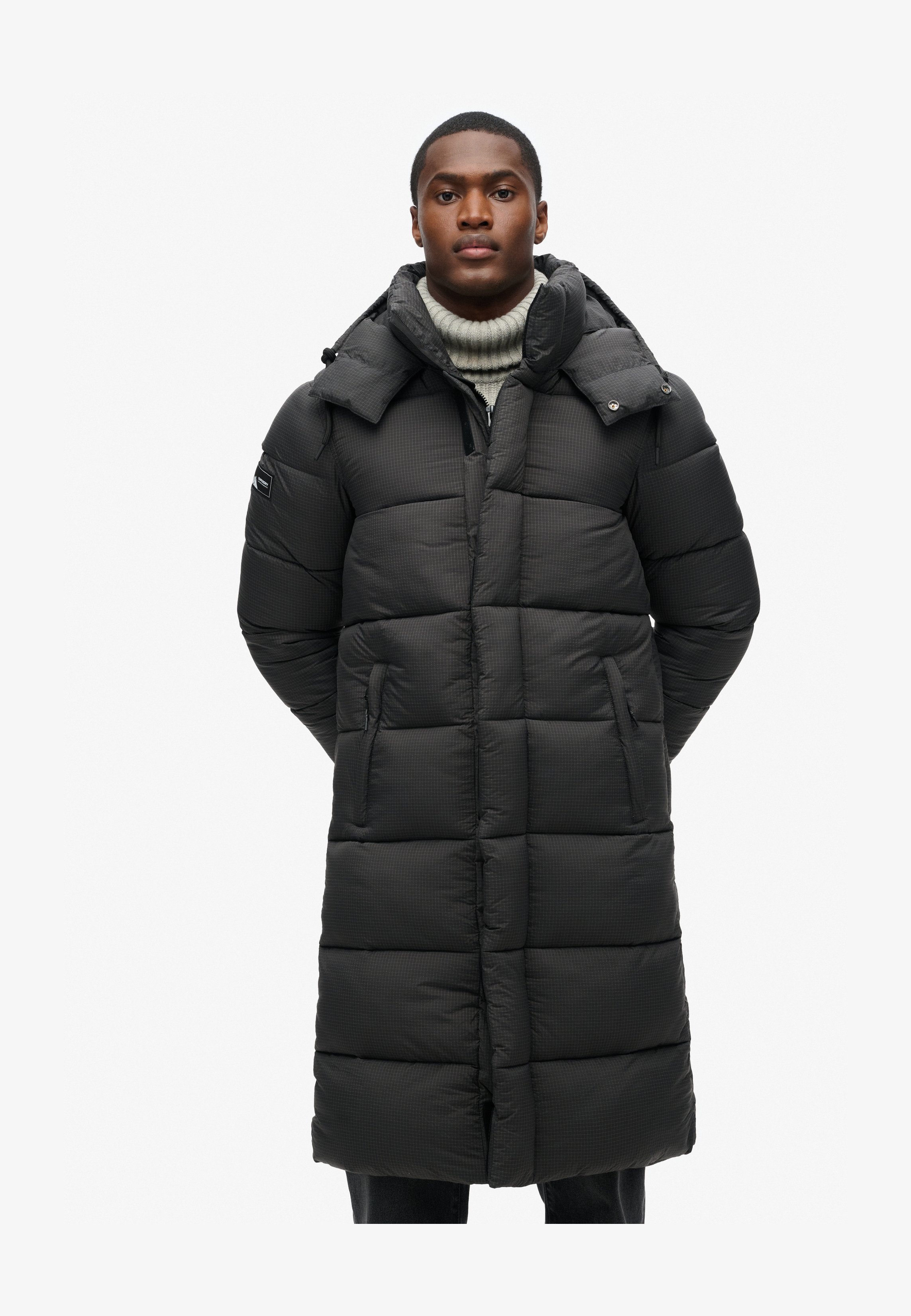 Superdry Giubbotto Donna Lungo Con Cappuccio In Tessuto Ripstop - Modello Hooded Ripstop Longline Gilet - Colori Black Grid E Khaki Grid