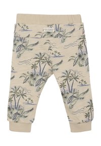 Beige katoenen broek met een palmbomen- en oceaanmotief, voorzien van ribgebreide boorden en een tailleband. Subtiel gestructureerd oppervlak met een casual ontwerp.