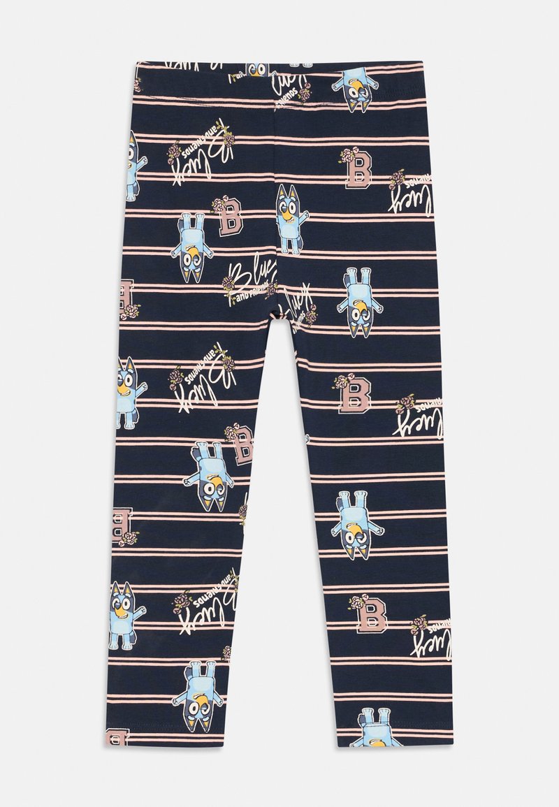 Morske legice s igrivim dizajnom, ki vsebuje modre risane like, roza črte in bele besedilne detajle. Narejene iz udobnega elastičnega materiala.