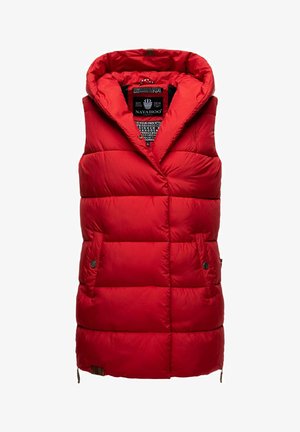 Red puffy vest with a hood, featuring quilted sections, two side pockets with buttons, and a brand tag visible on the interior.