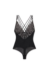 Černý body s krajkovými detaily na vrchu, s hlubokým výstřihem do V a překládanými ramínky. Měkká, průsvitná látka s designem tanga na zádech.