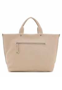 Sac fourre-tout en cuir beige avec deux poignées supérieures, une poche zippée à l'avant et une surface texturée. Il présente des finitions en métal argenté et une forme structurée.