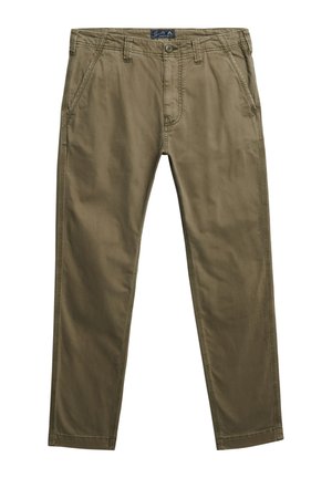 Pantalones de algodón caqui de pernera recta con bolsillos laterales, trabillas para el cinturón y un cierre de botón en la cintura.