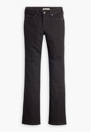 Jeans negros de mezclilla, con un diseño de pierna recta, cintura standard, cinco bolsillos y detalles de costura sutiles.