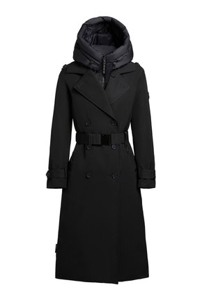 Black trench coat with a large padded hood, double-breasted design, adjustable belt, and button accents on the sleeves.