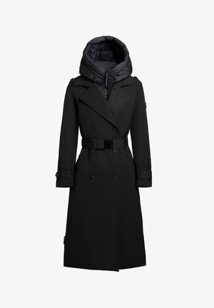 Mustaline varrukatega musta trench coat'i disain, suure polsterdatud kapuutsiga, kahe rida nööpide ja reguleeritava vööga.