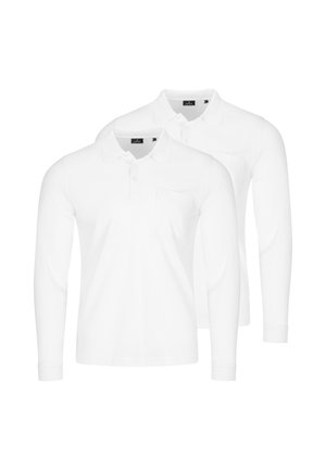 Kaksi yksinkertaista valkoista pitkähihainen poolopaitaa, joissa on kaulukset ja etutaskut rinnan kohdalla, esitetty päällekkäin valkoisella taustalla.